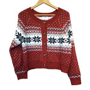 Old Navy Womens Fair Isle Knit Cardigan Sweater Size L Red White Chunky Warm